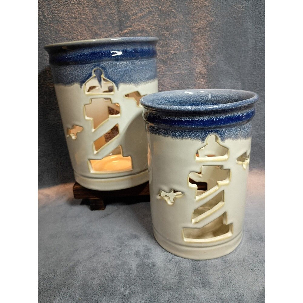 Retired Yankee Candle Lighthouse Ceramic Candle Holder Set Coastal Nautical Blue - Picture 16 of 16